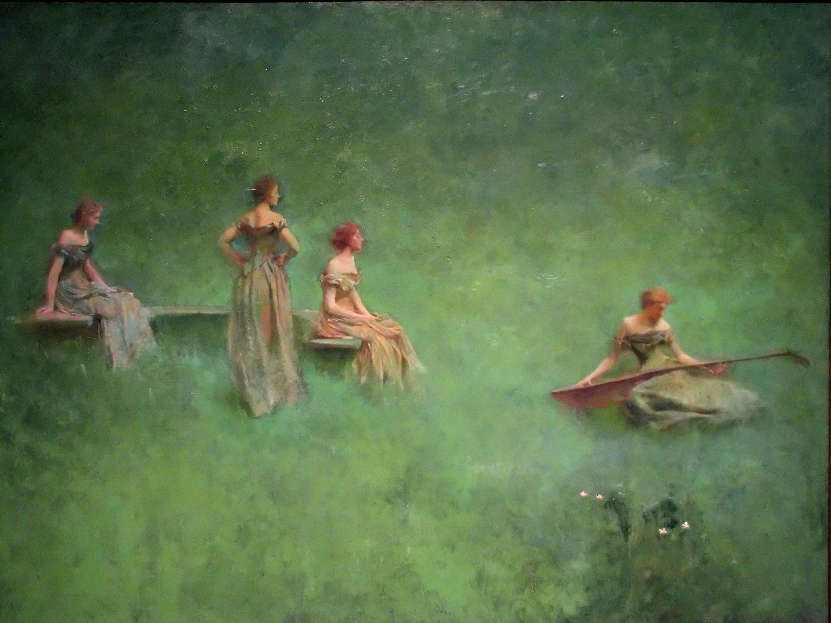 a green painting of some women dressed in white.